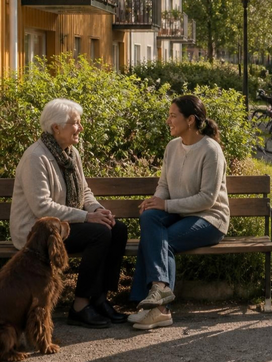 Two neighbours chatting on a bench in a leafy courtyard